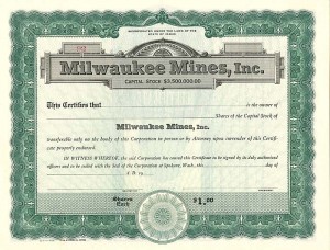 Milwaukee Mines, Inc. - Stock Certificate